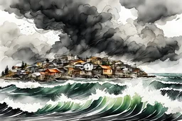 an abstract ink wash and watercolor illustration of a storm tossed, highly detailed coastal fishing village with ominous thunderheads and pounding surf , finely drawn and inked, 4k, hyper detailed and vibrantly colored