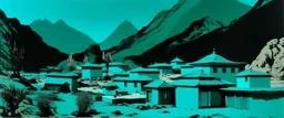 A teal Eastern village near a gorge and a mountain designed in ancient Egyptian pottery painted by Andy Warhol