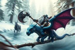 oil painting ,motion blur portrait of harpy - Forgotten Realms dodging cyberpunk armored dwarf with war half moon axe hammer with spikes, riding tiny furry blue and purple dragon above water and along winding branches in lush icy forest along speeding horses , bokeh like f/0.8, tilt-shift lens 8k, high detail, smooth render, down-light, unreal engine, prize winning