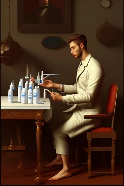 A young man sitting on a chair giving himself an injection, medicines and drugs on the table next to him, 8k, finely detailed, photo realistic.