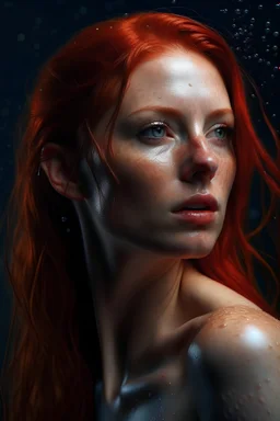 cosmos woman, redhair, photorealistic, wet skin