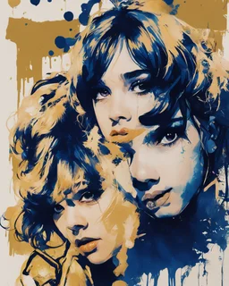 Poster in two gradually, a one side the Singer Danish MØ face and other side the Singer Melanie Martinez face, painting by Yoji Shinkawa, darkblue and gold tones,