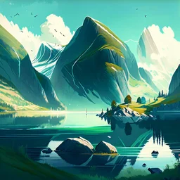 Create an illustration of a serene Norwegian landscape, with towering mountains, lush green valleys, and a tranquil fjord, capturing the natural beauty that inspires creativity.