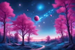 cielo stellato azzurro luminoso e chiaro con pianeti luminosi e raggio luminoso verticale in paesaggio alberi rosa