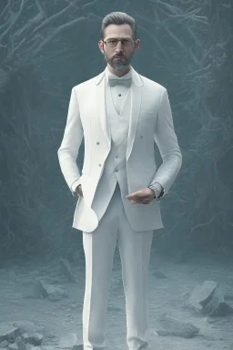 8K, a Highly detailed stunning portrait of Dom man with a kneeling woman, white suit, beard, and short hair, bad boy