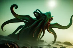 Cthulhu rising, dark, ocean, mist