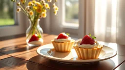 close up three delicates tart cakes filled citrone creme top strawberry, on a nice ceramic plate on a wooden table. professional food photo, Natural, warm sunlight streams in from a window on the left, casting pleasant shadows and creating a cozy, vase with meadow flowers, relaxed morning atmosphere