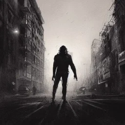 Zombie Jason momoa, dramatic light, cityscape, twilight, dystopian setting, high contrast, greg rutkowski, cinematic