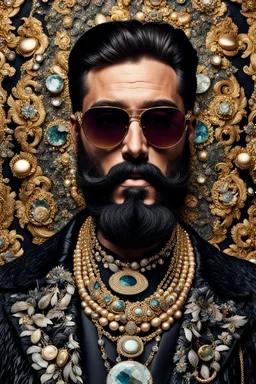 Artistic photo in the audacius style of Jill Greenberg, of man with a luxurious and striking style, abundance of jewelry, oversized sunglasses, neat black beard, feminine manirism, prints, desafiant, extravagant, barroque escene , impasto style with thick texture