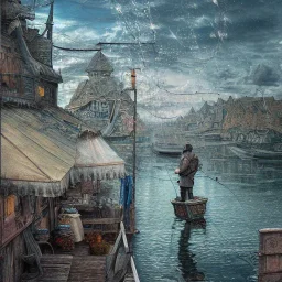 Insanely detailed photograph of an “arctexture plans fisherman on a dock” with intricate detailed of fishing knots, intricate embroidered clothing, hyperdetailed painting by Ismail Inceoglu Huang Guangjian and Dan Witz CGSociety ZBrush Central fantasy art album cover art,8K, hdr, romantic, mysterious, ominous, flowers, jewelry, steam,oil,cafe,street vendor,steamship,D&D