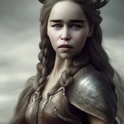 emilia clarke, rosto muito detalhado, vestindo roupa viking, efeito de névoa, efeito de particulas