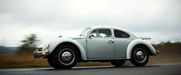 a high definition screen shot of a jet-fighter vw-beetle, retrofuturistic, phototrealism, in flight, one subject, rough weather