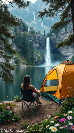 A woman sitting on camp chair beside her a personal small tent watching the waterfall on A lake, trees, flowers, 8k, high quality, trending art, trending on artstation, sharp focus, studio photo, intricate details, highly detailed, by greg rutkowski