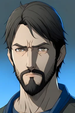 Portrait of a man in his early 30s who has a wider face, with a small scar on the left cheek, and looks lean but athletic. Has a short black beard and close cropped black hair. Has blue eyes. Anime artstyle.
