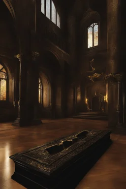 Toomb of the vampire Count Strahd Von Zarovich. Grand room, stone and marble, dark, black coffin made of polished ebony wood and brass. No windows. Perspective