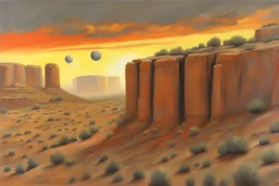 Grey sky, planet in the sky, rocks, cliffs, sci-fi, rocky arid land, 90's sci-fi movies influence, rodolphe wytsman and friedrich eckenfelder impressionism paintings