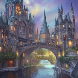 A magical gothic canal city of wizards, witches and warlocks with a castle Nick Harris style