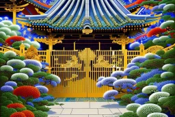 intricate ornate gate, garden, path, flowers, fine detail, acrylic paint, Ukiyo-e,