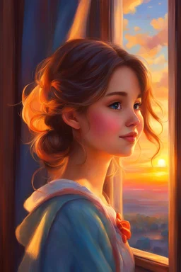 a girl looking out a window at the sunset, girl watching sunset, realistic cute girl painting, smiling girl, photorealistic anime girl render, looking at sunset, looking out at a sunset, cgsociety 9, beautiful character painting, portrait anime girl, beautiful anime portrait, photorealistic disney, by Victor Nizovtsev, sunset illustration