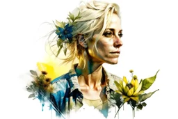 white background, cyberpunk, watercolor, Woman 48 years old, blonde, portrait painting, acrylic, summer sunset, plant hair, flower clothes, double exposure, fine rendering, high detail, high resolution, 8K