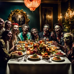 Photograph of a happy year-end dinner of a clique of zombie creatures in hypermaximalist style, photorealism