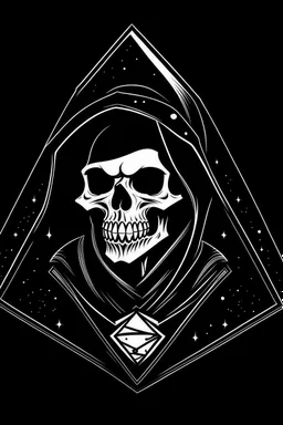 claymation skeleton in a black hooded cloak drawn in a retro vector mascot style, inside a diamond shape on a black background, monochromatic