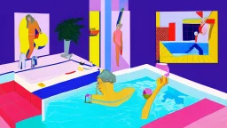 CREATE A pictorial composition BY creatively MIXING the works of "Bathroom Collage" by Tom Wesselmann and "Pool 2 Figures" by David Hockney