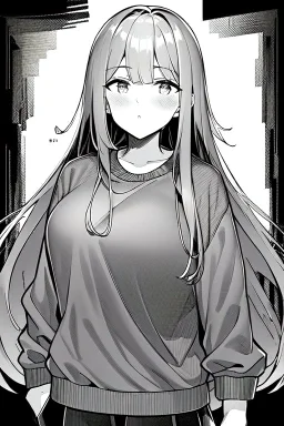 girl in love with long hair thinks in a loose sweatshirt, line arts, greyscale,