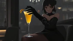 midle close up gray-toned, contrasting graphics, a lady in a black casual dress, black lace nice nylon stockings sitting on a bar chair in bar, holding a yellow mimosa cocktail in her long black gloved hand, atmospheric, strong contrasts, shadowy background, focus on the hand holding the cocktail, moody, pale ligts, anime style, cinematic