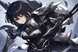 Anime girl with short black hair and sharp green eyes holding a spear. Black and white metal armour