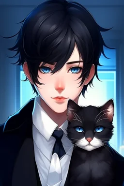 An attractive young man with bright blue eyes, messy black hair, cat ears on his head, dressed like a butler, realistic anime