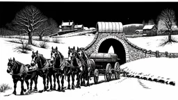 Vintage, black and white illustration depicting a winter scene with a covered wagon crossing a stone bridge. The wagon is drawn by a team of six horses, trudging through the snow. The bridge is arched and made of stone, with a rustic wooden railing on one side. The landscape is barren with leafless trees and snow-covered ground. In the background, there are small, snow-covered houses. The sky is dark, suggesting either dusk or a cloudy day. The image has a detailed, textured style typical of cla