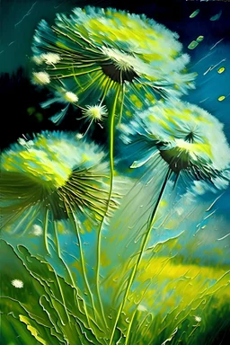 dandelions, painted in oil, ultrasharp, with a splash of colors