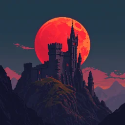 8 bit pixelart a towering castle perched atop windswept cliffs, its jagged stone figure bathed in the cinematic crimson glow of a giant, imposing red harvest moon.