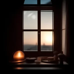 Ramadan Beautiful View Of Food in home, lantern, half Moon in the background sky through window, no people