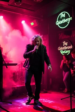 An "Göteborgs kille" performing at dance club, his name is "Mannen från Göteborg" and looks crazy, Snus on stage, Neon lights and smog, "Mannen från Göteborg" SIGN ON WALL , håkan hellström lookalike