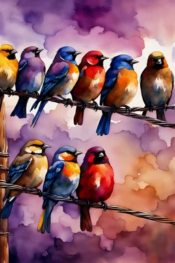 A captivating watercolor illustration featuring six exquisitely rendered birds perched gracefully on a wire. Each bird exhibits a unique color palette, from the rich browns and grays to the bold blues, reds, and yellows, culminating in the enchanting purple hue. The composition emphasizes the birds' side profiles, creating a dynamic visual effect. Their vibrant plumage beautifully contrasts against the pristine white background, resulting in a harmonious blend of nature and color that captivates