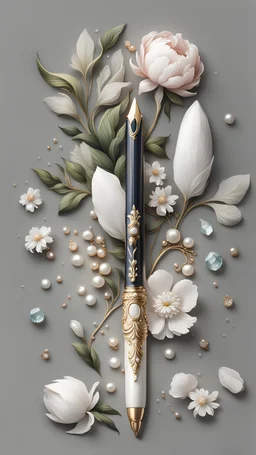 white fountain pen with flowers pionies and pearls, white precious stones on a white background, Trending on Artstation, {creative commons}, fanart, AIart, {Woolitize}, by Charlie Bowater, Illustration, Color Grading, Filmic, Nikon D750, Brenizer Method, Side-View, Perspective, Depth of Field, Field of View, F/2.8, Lens Flare, Tonal Colors, 8K, Full-HD, ProPhoto RGB, Perfectionism, Rim Lighting, Natural Lighting, Soft Lighting, Accent Lighting, Diffraction Grading, With Imperfections,