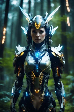 Facing Front view night Photography Realistic High Details,Natural Beauty,Beautiful Angel Pretty woman cyborg mecha cybernetic futuristic warframe armor,helmet,wings ,in Magical Forest,full of lights colors,glowing in the dark, Photography Art Photoshoot Art Cinematic,Soft Blur Colors, sci-fi concept art