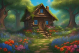 Little forest cabin set in a spring green forest. Lots of flowers, plants, and trees. The blue sky peaks out between the tree tops. In the foreground are brightly colored flowers and a little vegetable garden. Intense colors. Magical atmosphere