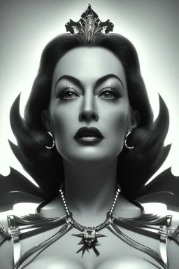 Joan Crawford as evil queen in black leather, busty, cleavage, dominatrix, curvy, angry, stern look. unreal 5, octane render, cinema4d, dynamic lighting, dramatic lighting, 4k, redshift render, highly detailed, hyper realistic,anthropomorphic