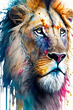 "lion", clean design, art station, splash of colorful paint, contour, ((solid white background)), gazing into camera, hyperdetailed intricately detailed, unreal engine, fantastical, intricate detail, splash screen, complementary colors, fantasy concept art, 8k resolution, DeviantArt masterpiece, watercolor, paint dripping