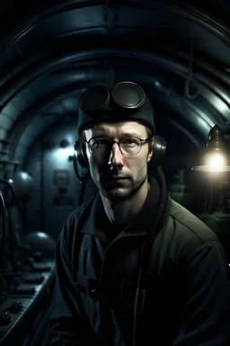 A portrait of a young german doctor stationed inside of a submarine. Make the background a room in the submarine. Realistic grimdark