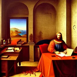 leonardo da vinci works in his study on a laptop at his desk. painting in photoshop. hyperdetailed, warm colors, movie poster, photoillustration, oil on canvas, lens flare