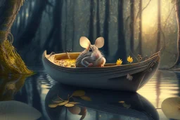 narcissus as a mouse in boat, in forest by lake, book illustration, fine detail, 4k, trending, volumetric light, depth of field