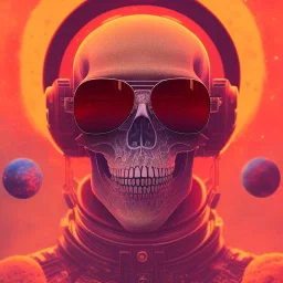 Midjourney style of detailed and intricate skull wearing red sunglasses| wearing cosmonaut suit| portrait and science fiction theme| aurora lighting| nebula and stars| stunning environment| volumetric lighting| vibrant