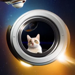 hyper-realistic spaceship interior with a cat looking through porthole at milkyway, floating astronaut in suit behind cat, 8k resolution, high-quality, fine-detail, detailed matte, intricate, 3D octane render, illustration, digital art, brian froud, howard lyon, anna dittman, greg rutowski,