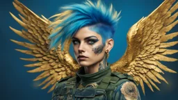 beautiful Punk woman Angel 30 years old, military clothing, mystical, bright colors, creative hairstyle, tattoo, piercing, photorealistic image, military, camouflage clothing, gold, blue, fine rendering, high detail, 8K