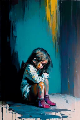 Abstract painting of a Little girl sitting in a corner with her head between her legs crying