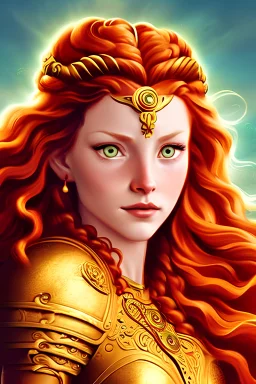 warrior queen with wavy red hair, gold armour, and bright green eyes